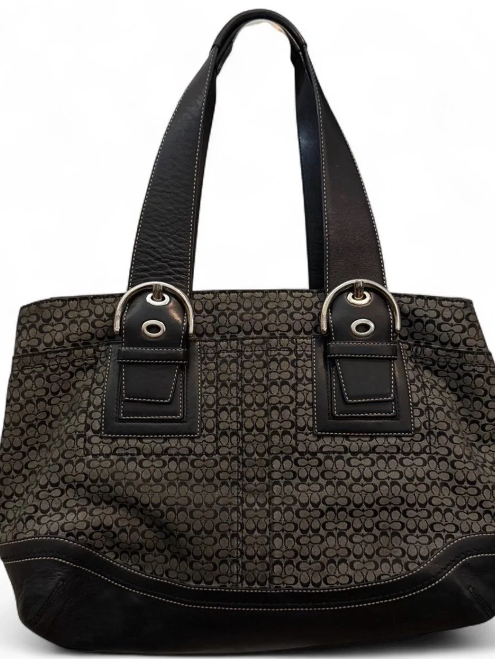 Coach Brown and Black Signature Jacquard Tote with Leather Handles